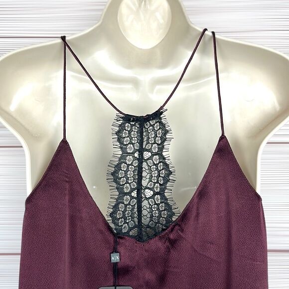 NWT NEW Armani Exchange Burgundy Silk Black Lace Cami Spaghetti Straps Top S - Picture 7 of 16